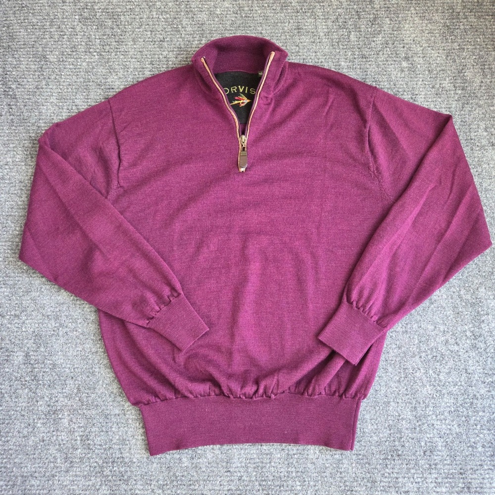 Orvis Mens Large Burgundy 100% Merino Wool Quarter Zip Sweater Leather Trim